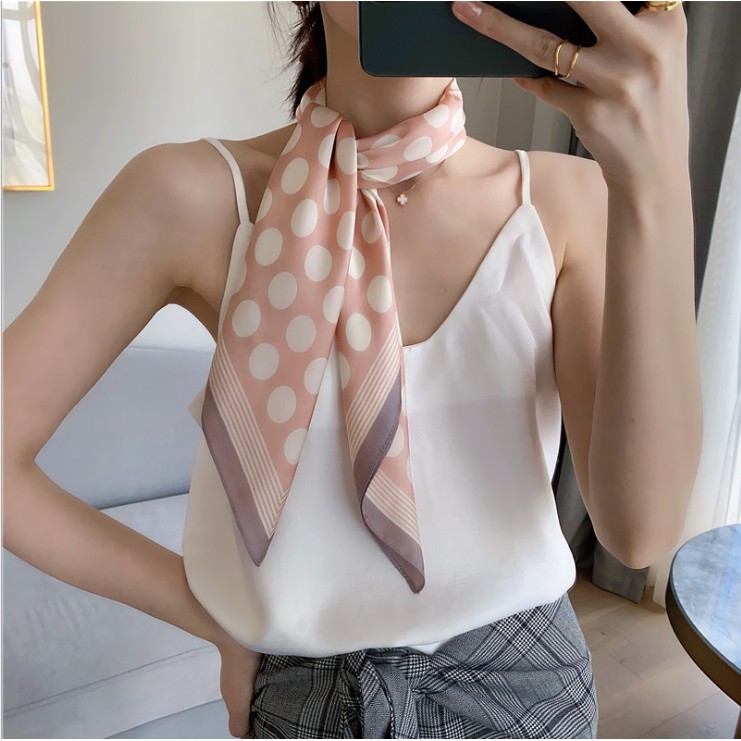 Khăn lụa vuông 70- Khăn turban quàng cổ làm áo yếm lụa Chiffon- Họa tiết Chấm bi