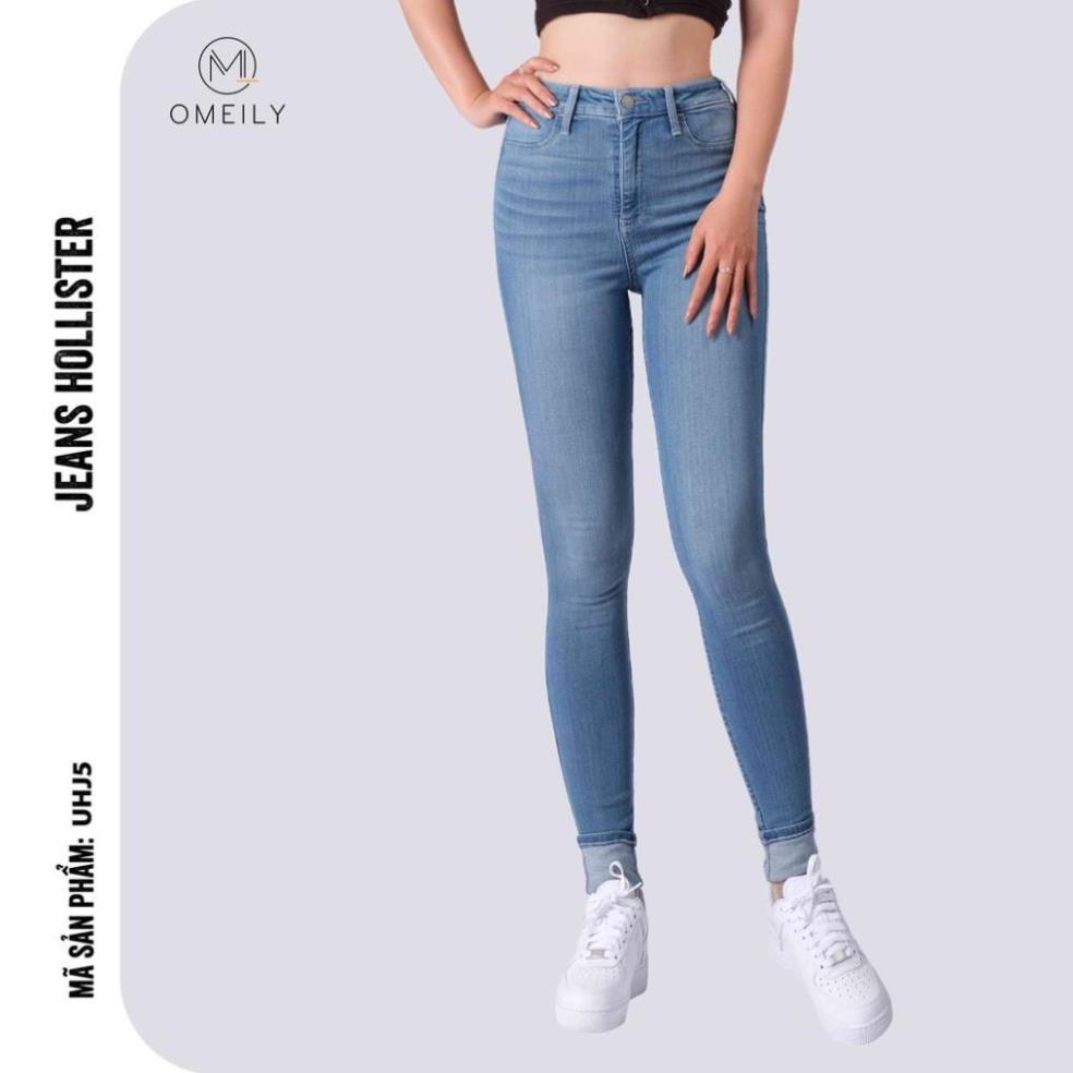 Quần Jeans nữ Hollister cạp cao tôn dáng màu xanh trơn ôm dáng Omeily Store UHJ5 New 😍