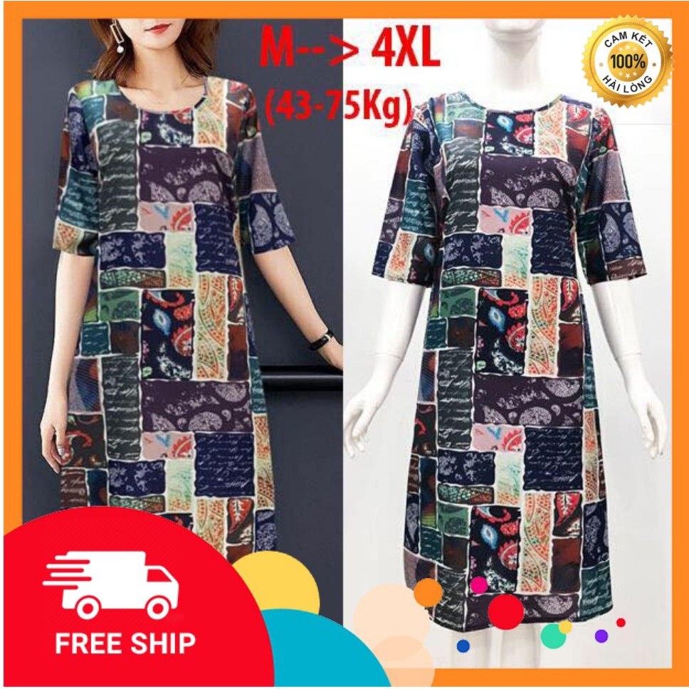 Đầm dự tiệc trung niên - Đầm suông in hoa văn và chữ