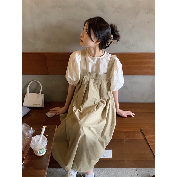 Váy yếm form rộng dáng dài dây bảng to màu nâu tây