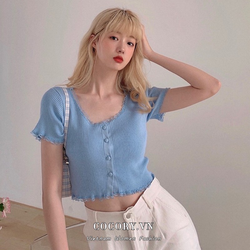  【Cocory】 Áo Croptop Dệt Kim Tay Ngắn Phối Ren Phong Cách Hàn Quốc 5 Màu Tùy Chọn
