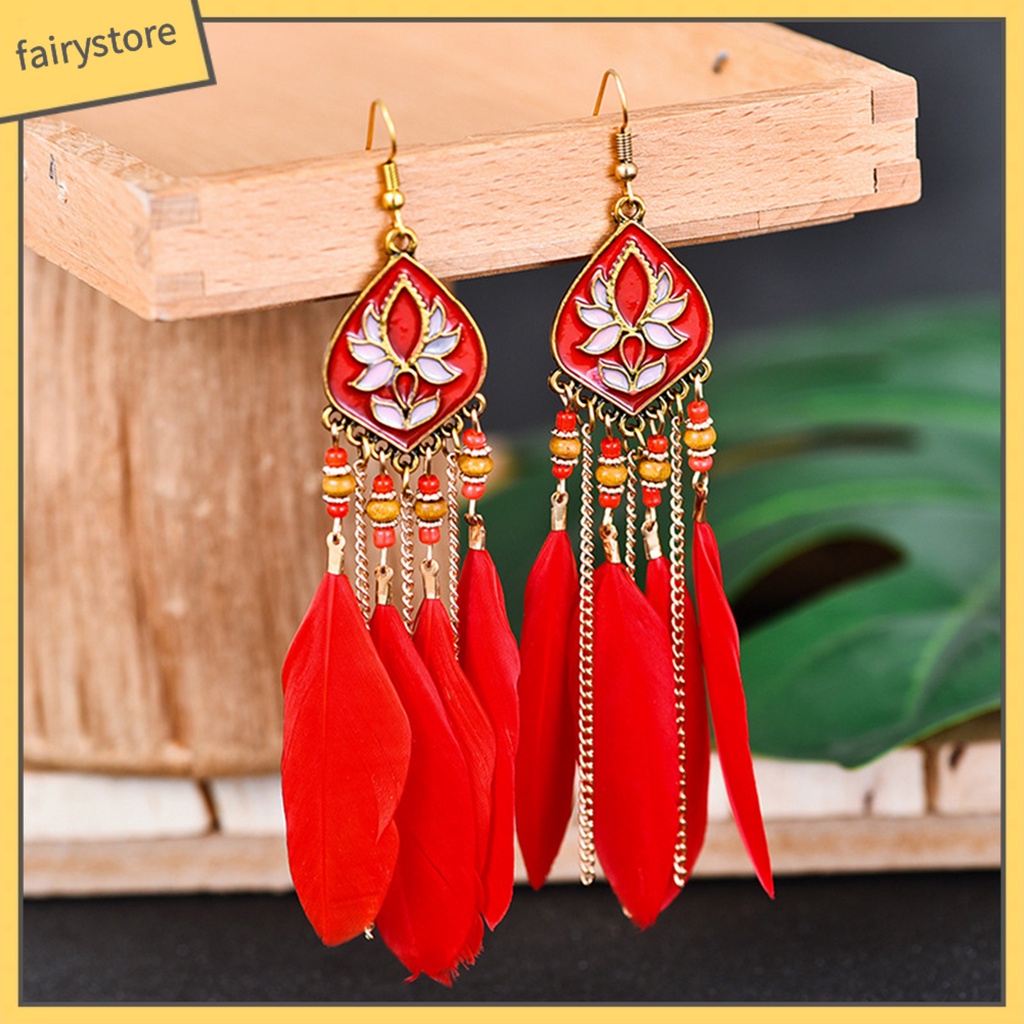 Khuyên Tai Dáng Dài Phối Lông Vũ Phong Cách Bohomian