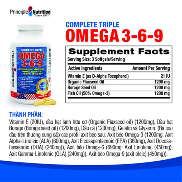 [Combo 2] Viên uống bổ sung COMPLETE TRIPLE OMEGA 369 (3-6-9) PRINCIPLE NUTRITION USA - Hộp 150 viên