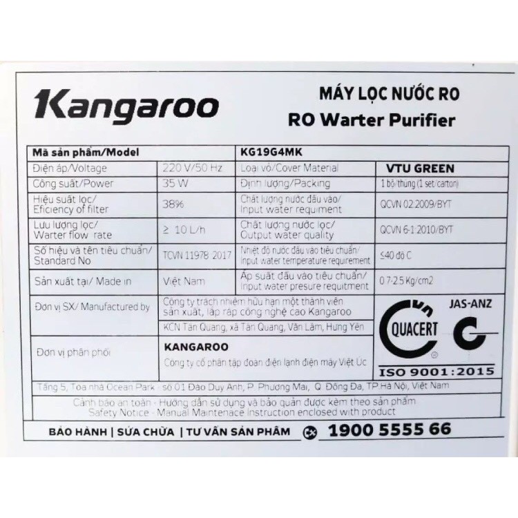 Máy Lọc Nước RO KANGAROO KG19G4MK vỏ VTU