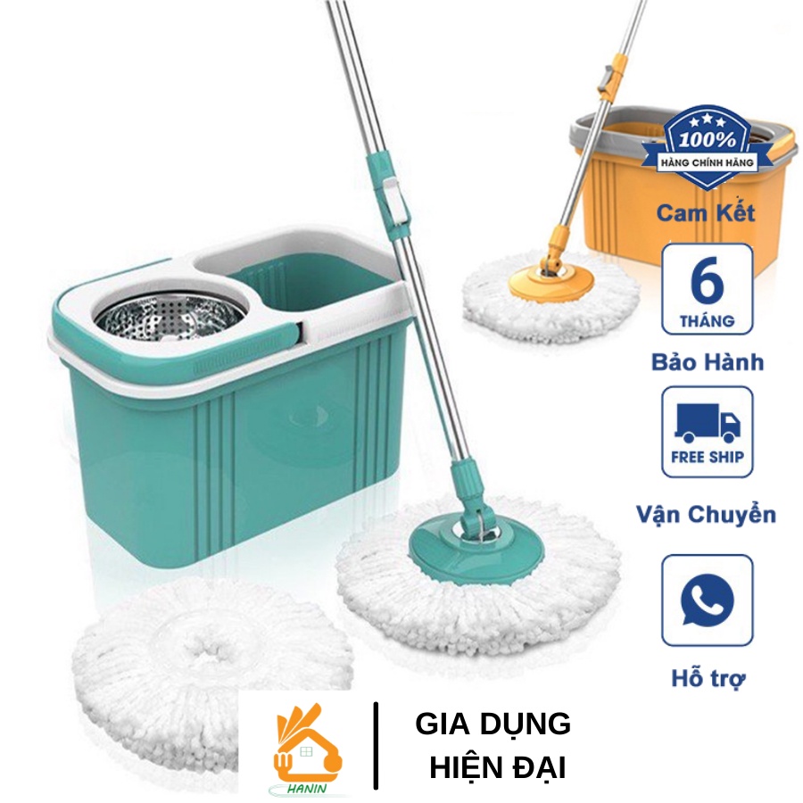 Bộ cây lau nhà xoay 360 độ chính hãng tặng kèm bông lau - Cây lau nhà mâm tròn xoay 360 độ, cán nhựa, thùng 2 ngăn