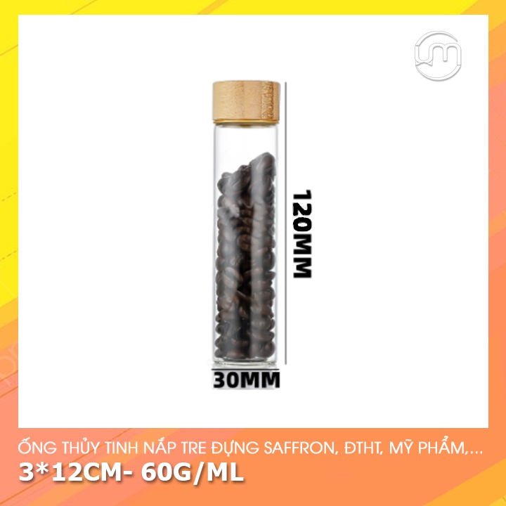 3*12cm- Ống thủy tinh nắp vặn tre, chống tràn, đáy bằng đựng saffron, ĐTHT, mỹ-dược phẩm...