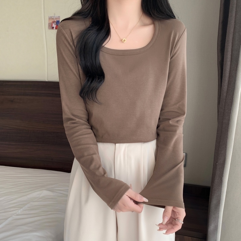 ZHELIHANGFEI Áo Thun Tay Dài Cổ Vuông Dáng Rộng Kiểu Dáng Đơn Giản Hợp Thời Trang