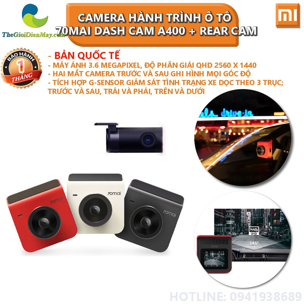 [Bản quốc tế] Camera hành trình ô tô Xiaomi 70mai Dash Cam A400 + Rear Cam - Bảo hành 1 tháng - Shop Thế Giới Điện Máy