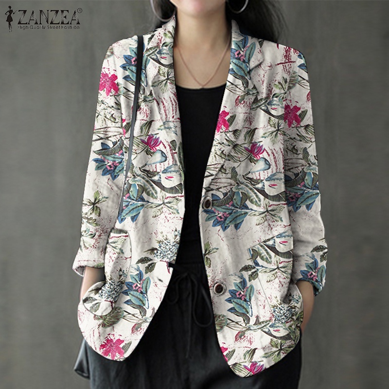 Áo khoác Blazer ZANZEA tay dài cài nút in hình hoa vải cotton thời cổ điển cơ bản cho nữ