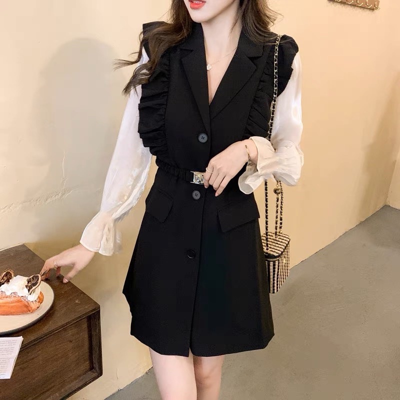 ĐẦM VIỀN TAY BÈO PHỐI 2 MÀU NÂU - ĐEN