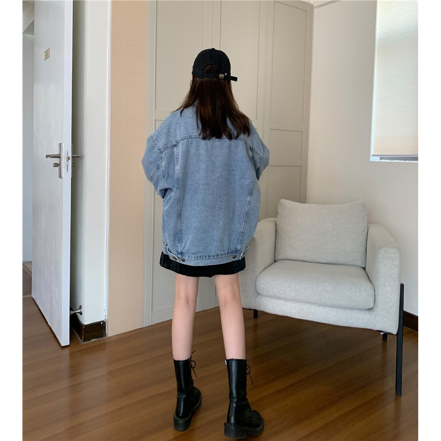 Áo denim nữ Hàn Quốc form rộng túi nắp F68