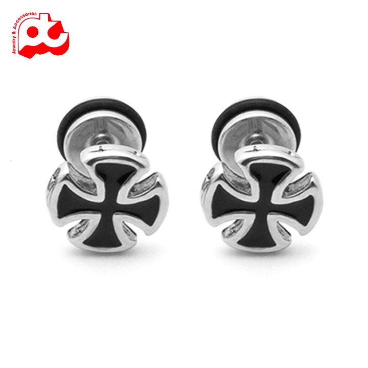 Bông tai nam đẹp rẻ inox cao cấp thời trang titan thép không gỉ kiểu tạ hình dấu cộng trangsucpt màu trắng PTBTNA133