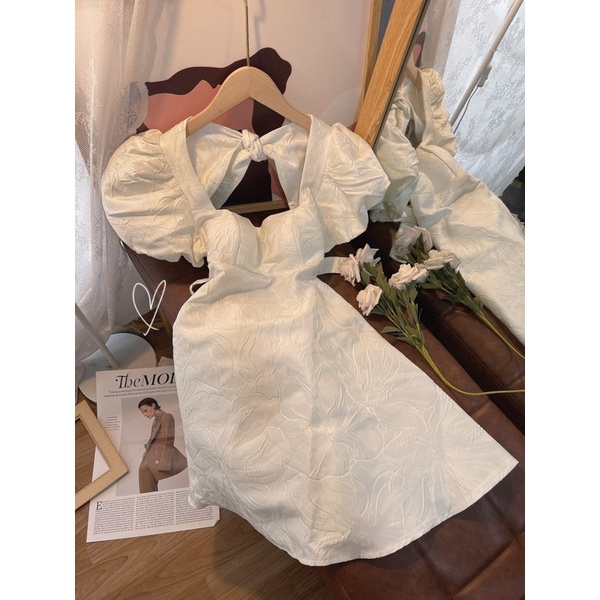 ĐẦM BBD GẤM HOA TAY BỒNG NƠ LƯNG CUT OUT