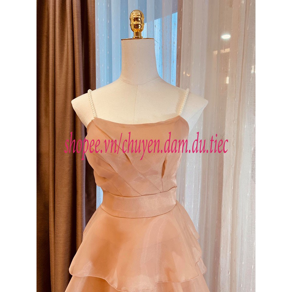 Đầm dự tiệc V1081 Váy hai dây ngọc 5 tầng  Màu be size S, M, L