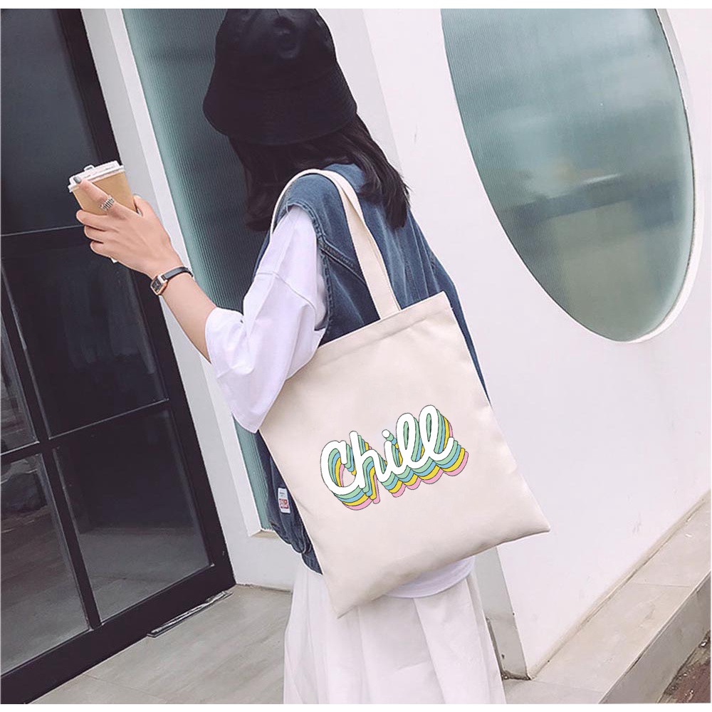 Túi Vải Tote GINKO Kiểu Basic dây kéo In Hình Chill G66