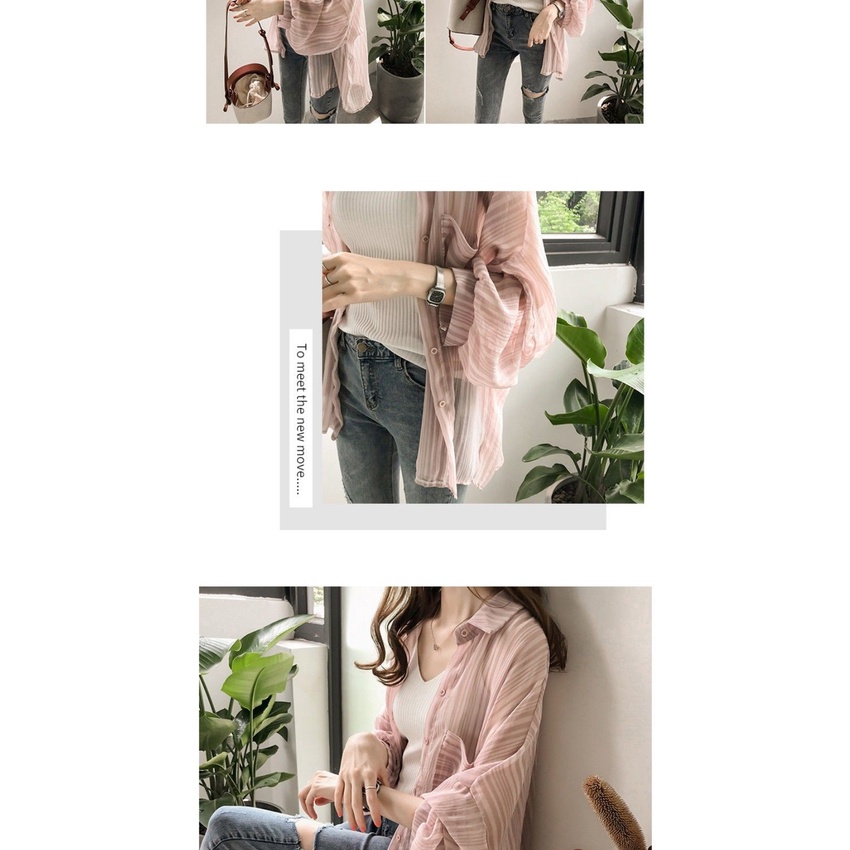 Fat sister spring summer women new loose large stripe Lantern Sleeve Top sunscreen cardigan long sleeve thin coat