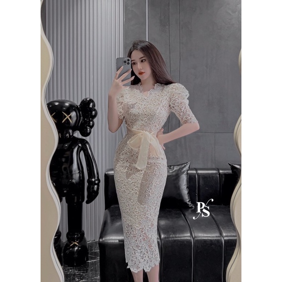 Đầm ren kèm nơ eo