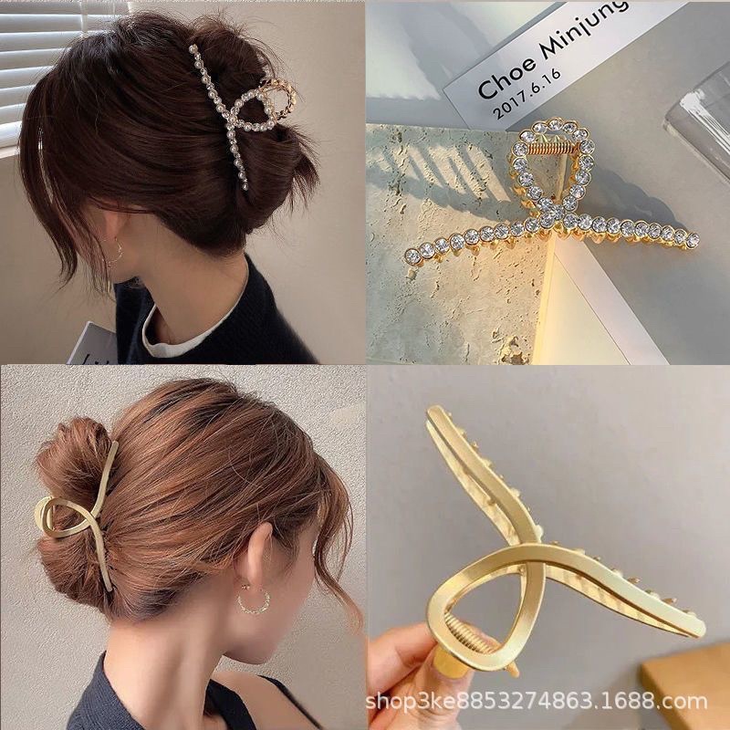 Kẹp tóc kim loại sau đầu bản to đính đá đính ngọc dành cho nữ phong cách Hàn Quốc
