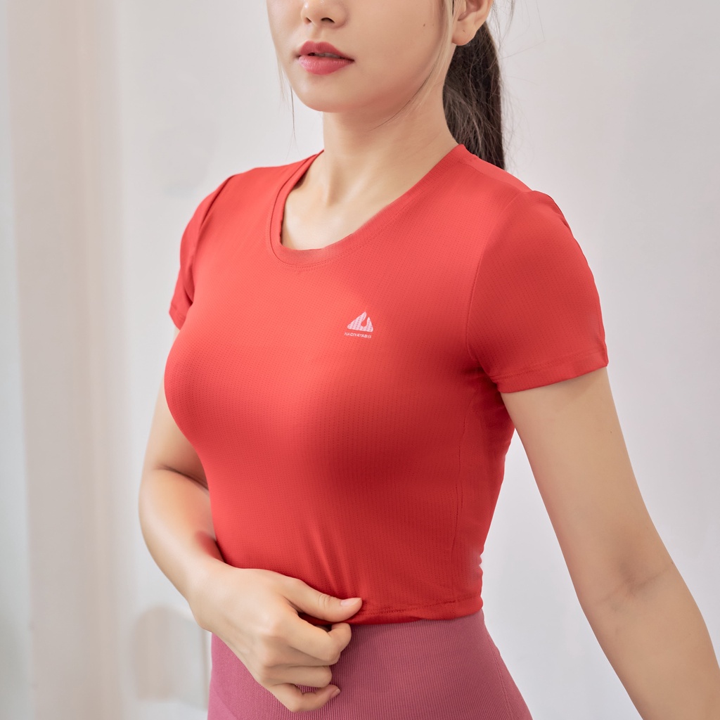 Áo Croptop Tập Gym Yoga Aerobic Chạy Bộ, Thể Thao Nữ NAQIYAYABEI, Áo Thun Tay Đùi Nữ Co Giãn Tốt, Ôm Dáng Fit Body