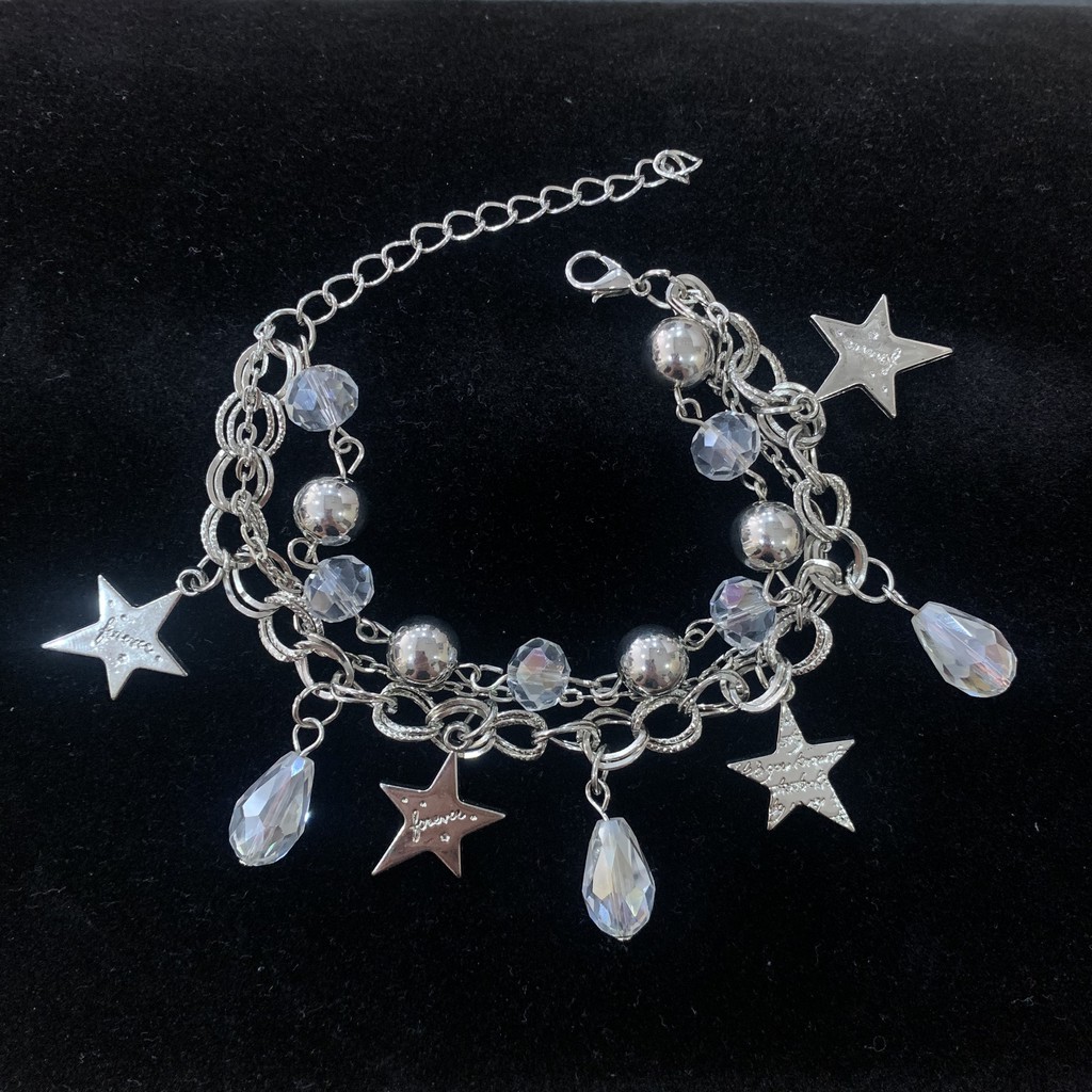 Vòng tay mạ bạc bộ 3 dây nối với nhau, vòng charm ngôi sao, trái tim và pha lê nhiều màu dễ thương mã CB11 | BigBuy360 - bigbuy360.vn
