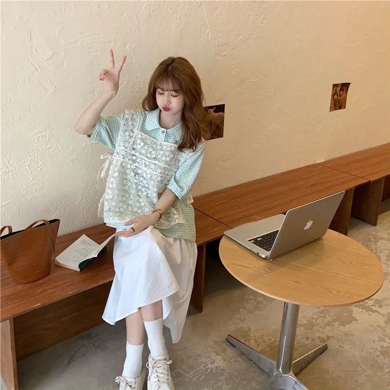 Set Áo Ren Cộc Tay Và Chân Váy Caro Thời Trang Nữ