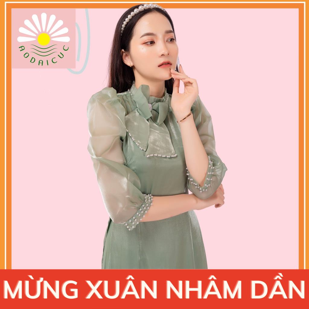 Áo dài nữ, tay bồng, màu xanh sáng da, áo dài truyền thống,lụa von, cổ vuông 2cm, tày dài, nơ cách điệu cài ngực