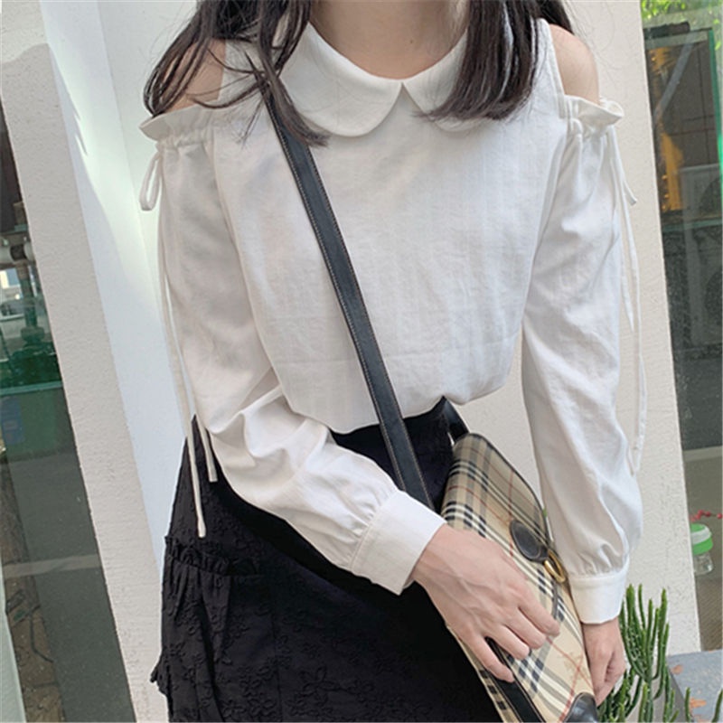 Áo sơ mi nữ BH tay dài cổ búp bê hở vai thời trang mùa thu