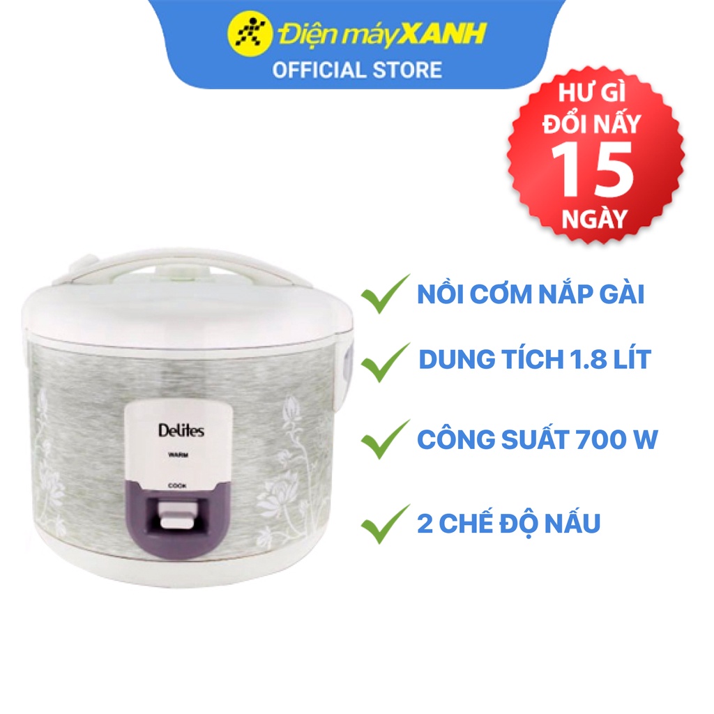 Nồi cơm điện nắp gài Delites NCG1805 1.8 lít 700 W lòng nồi chống dính - Chính hãng BH 12 tháng