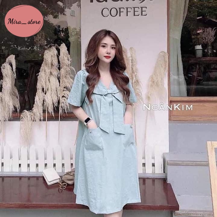 Váy Bầu Mùa Hè [FREESHIP]  Đầm Bầu Có Túi Dáng Suông Thắt Nơ Vải Đũi Mát Đi Làm Công Sở Đi Chơi