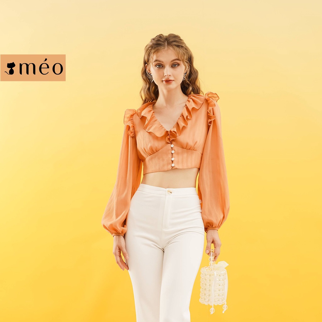 Áo kiểu nữ Méo shop dài tay bồng phối bèo cổ V phong cách Hàn Quốc Kyne