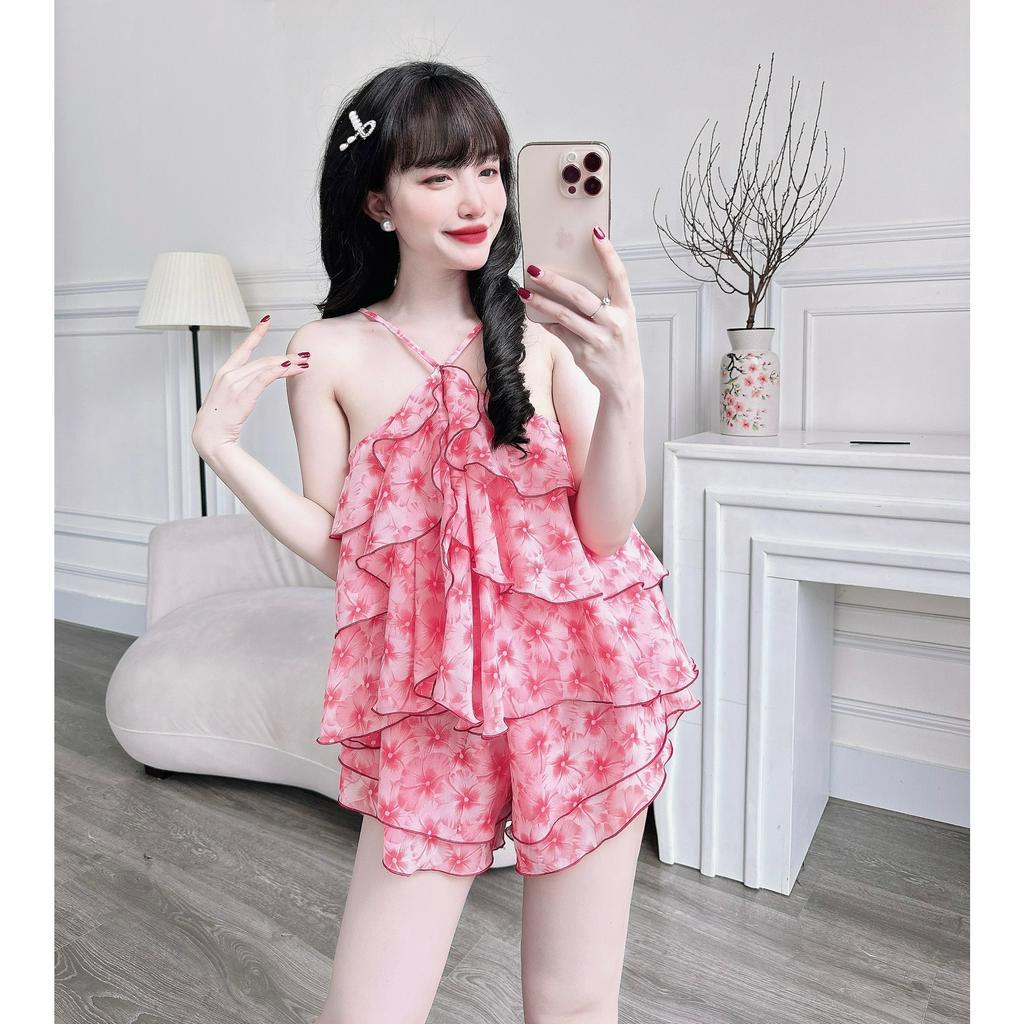 👉👉SIÊU PHẨM ĐỒ NGỦ 👉👉Sét áo gấp ly chiffon voan quần đùi lụa cao cấp freezie 60kg