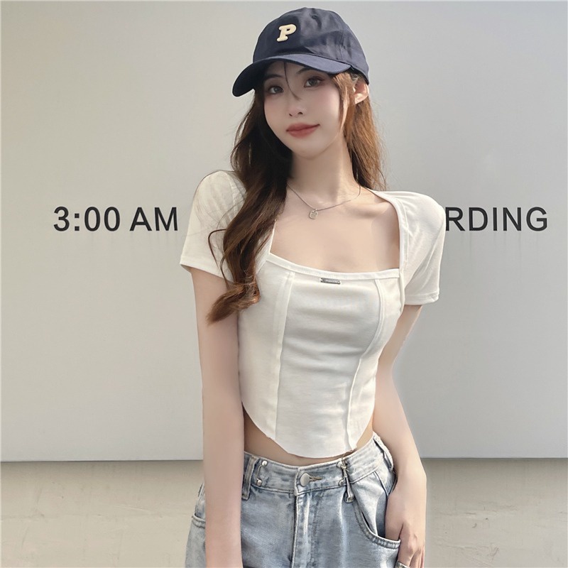 Hàng Mới Về Áo Thun Ngắn Tay Cổ Thấp Màu Trơn Thời Trang Mùa Hè Quyến Rũ Cho Nữ
