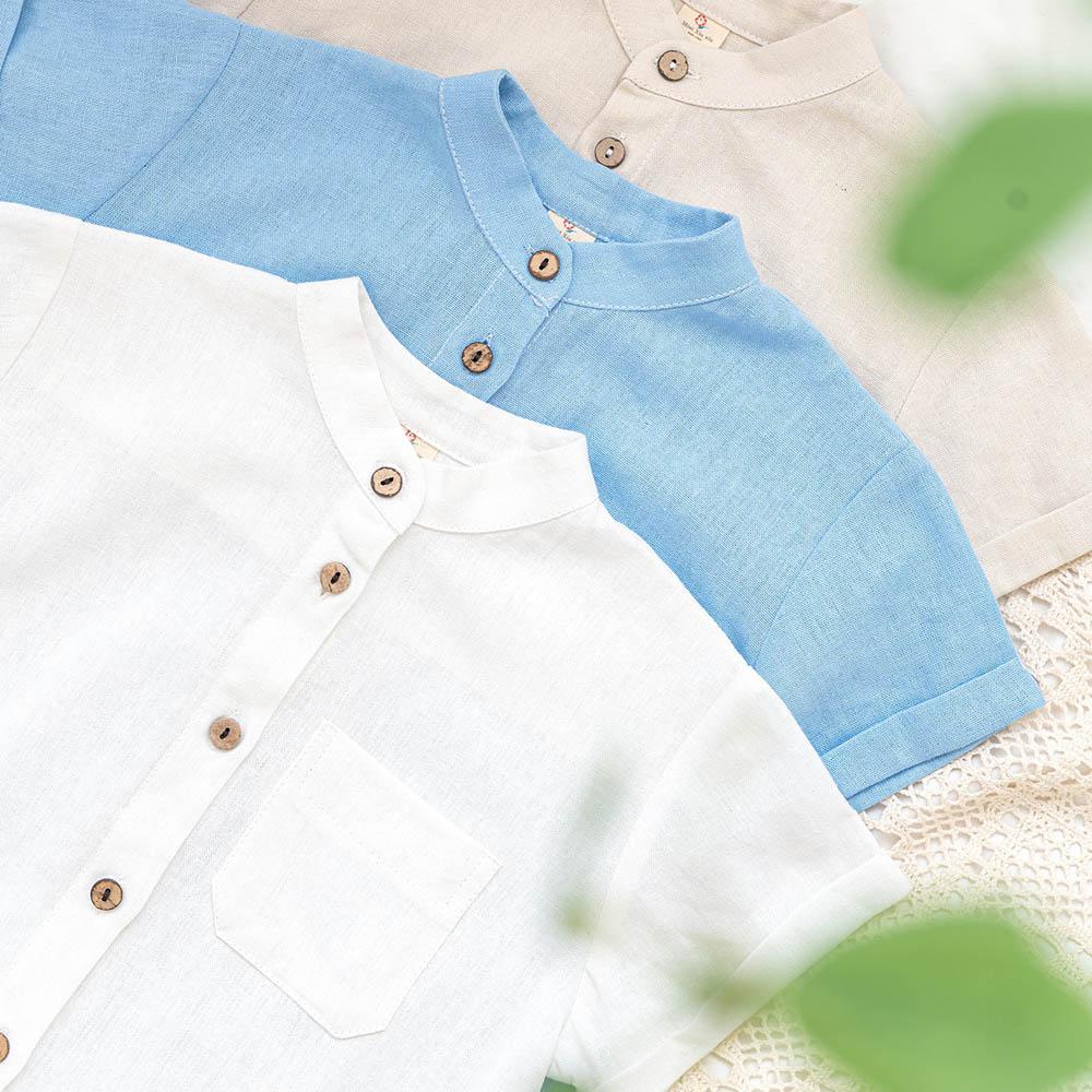Áo sơ mi bé trai xanh dương cổ Tàu chất linen đũi mềm mịn mát hè thu MamLa
