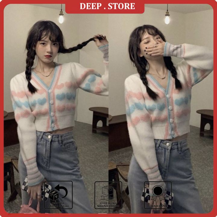 Áo Cardigan Len Ms.2217 Dáng Ngắn Họa Tiết Hình Tim ,Tone Màu Xanh Hồng Dịu Dàng