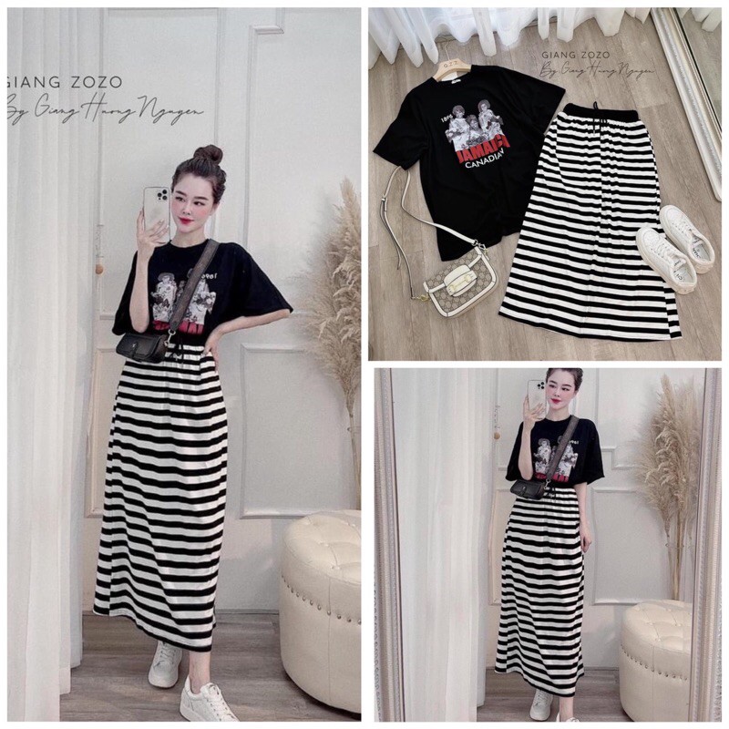 Set áo phông đen  + chân váy maxi kẻ