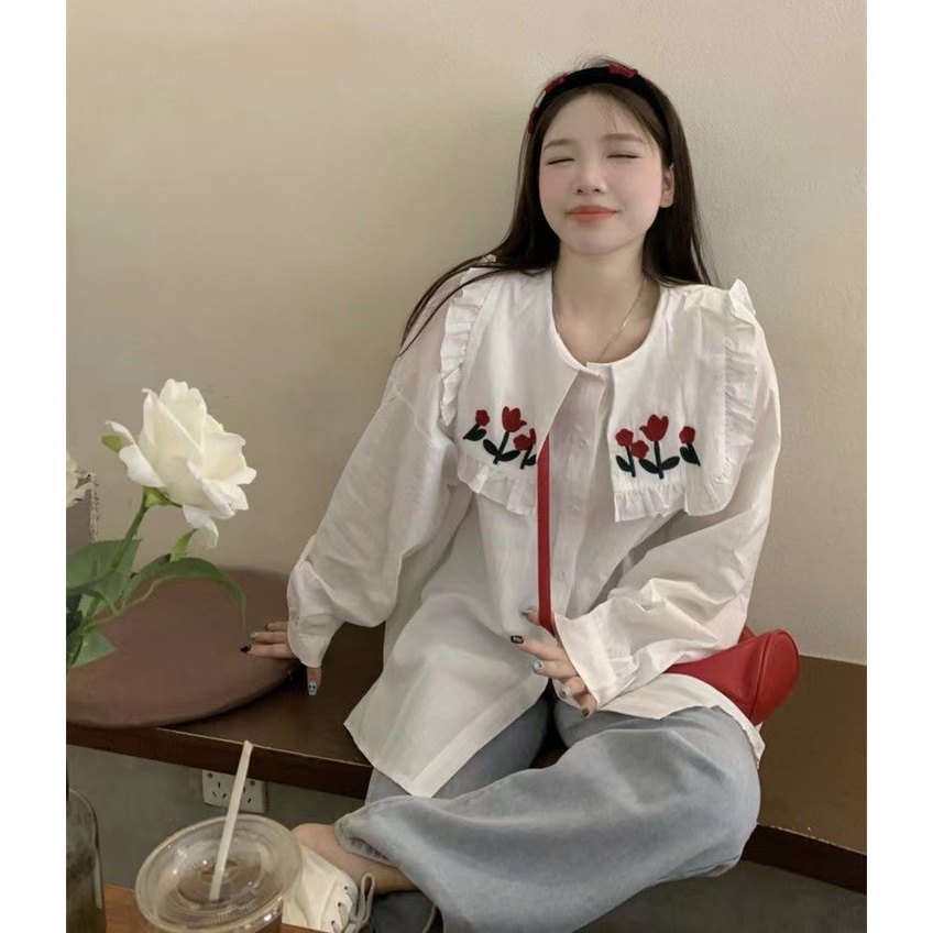 Áo Sơ Mi Trắng Dài Tay Thêu Hoa Thời Trang Nữ