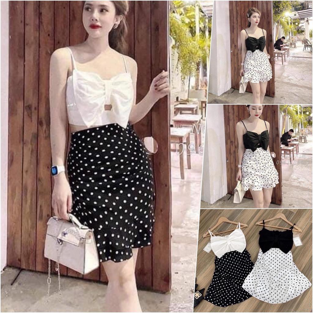 Set bộ váy chấm bi + áo nơ to