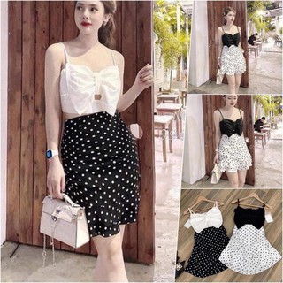 Set bộ váy chấm bi + áo nơ to