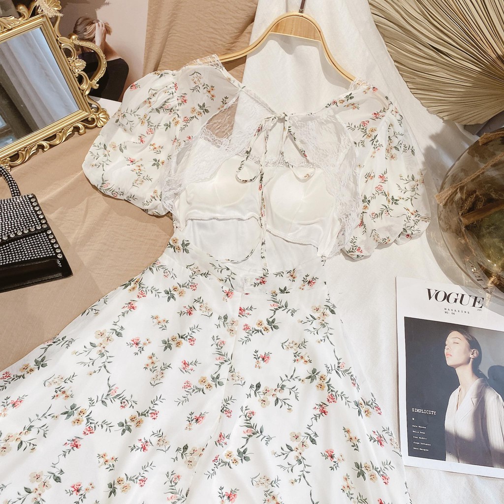 Đầm hoa nhíu ngực viền bèo cutout lưng | BigBuy360 - bigbuy360.vn