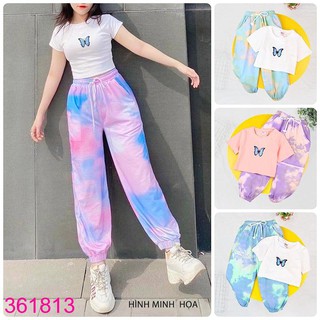361813 Bộ Bé Gái Croptop In Bướm Quần Bom Màu Loang Sành Điệu (2 - 11 tuổi)