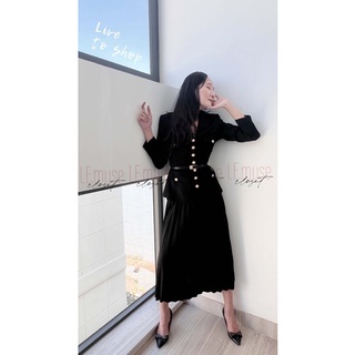 Blazer peplum nữ màu đen phối chân váy xếp ly dáng dài midi