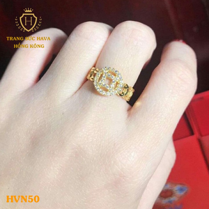 Nhẫn Titan Nữ, Nhẫn Nữ Kim Tiền Bản To Mặt Đính Đá Thời Trang Xi Mạ Vàng Non 24k - Trang Sức Hava Hong Kong - HVN50