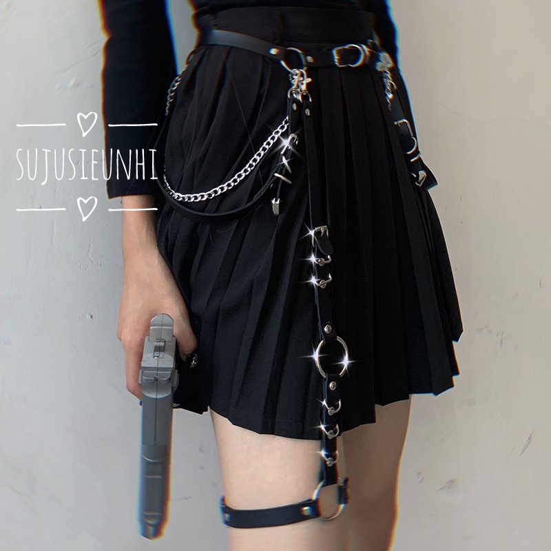 Thắt lưng da dáng chuỗi liền dây xích gothic lolita kèm choker đeo đùi loại dài phong cách punk