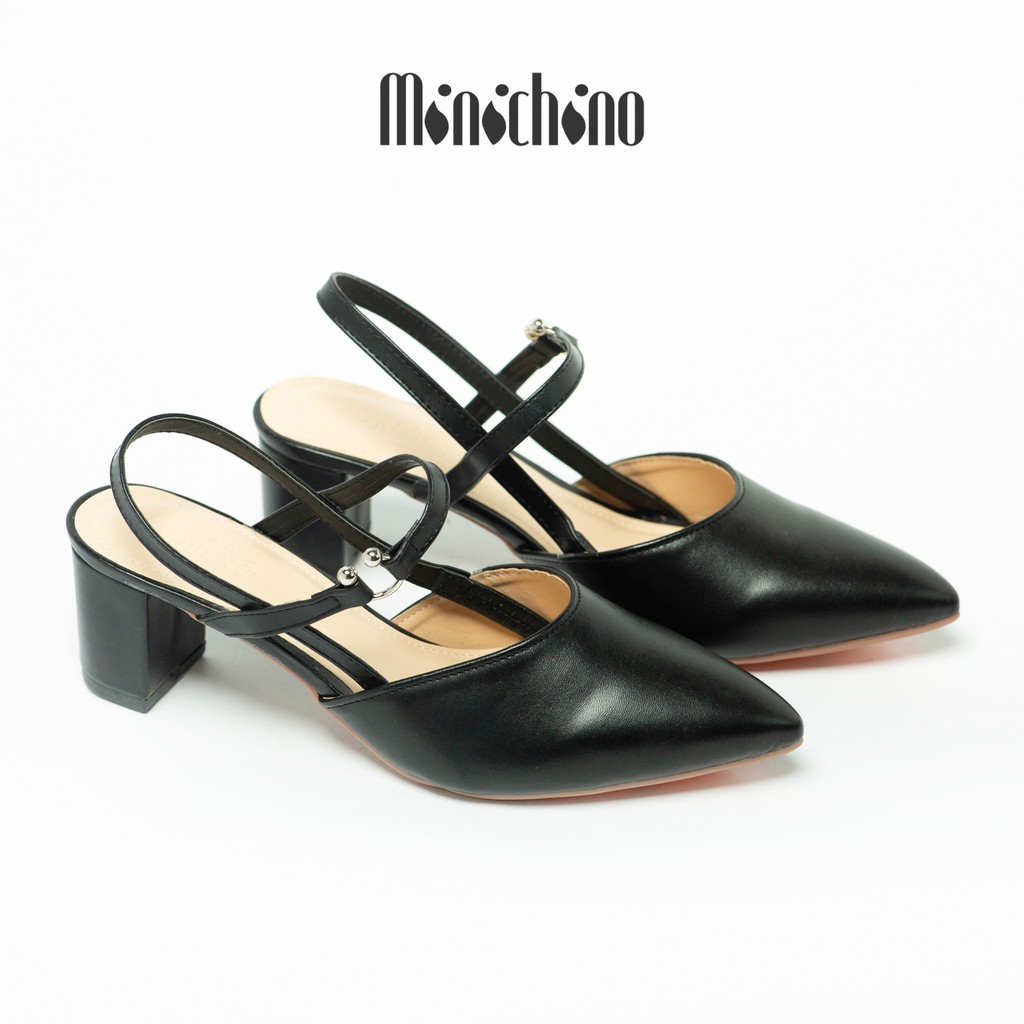 Giày sandal nữ cao 5cm MINICHINO giày đế vuông mũi nhọn, hở gót phối dây thời trang màu đen TC005 thumbnail