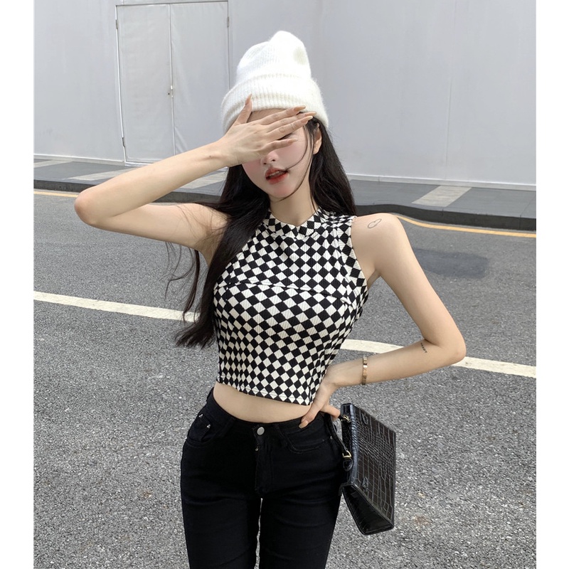 QKOOLE  Áo Croptop Sát Nách Hoạ Tiết Kẻ Caro Phong Cách Hàn Quốc Quyến Rũ