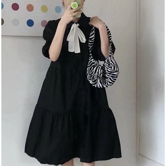 Đầm Chữ A Cổ Polo Tay Ngắn Dáng Rộng Plus Size Phong Cách Hàn Quốc