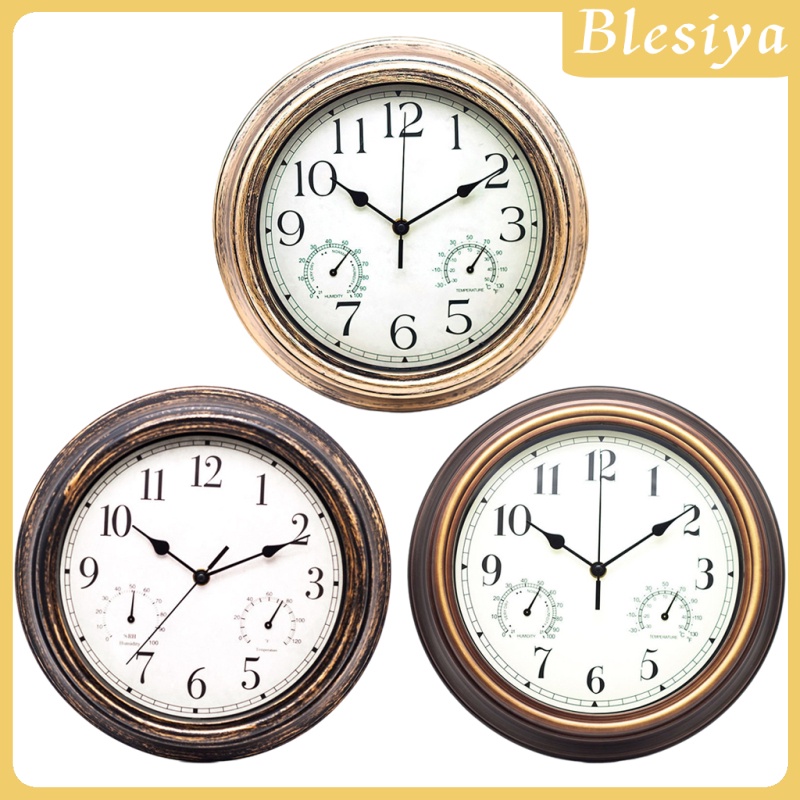 [BLESIYA]Silent 12 Inch Wall Clock with Thermometer and Hygrometer Display, Non Ticking Quartz Sweep Movement Battery Operated Modern Style for Home, Office