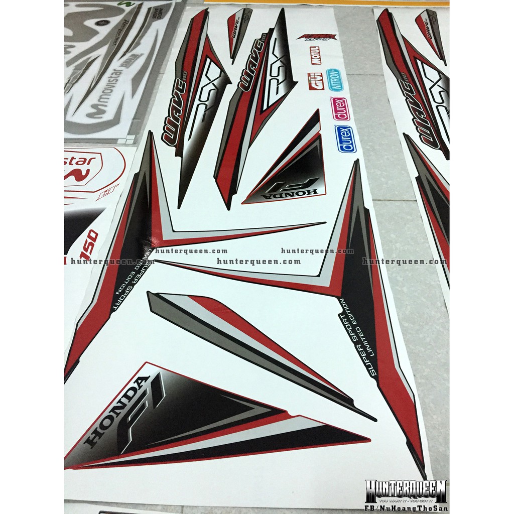 Tem rời xe WAVE RSX 2014. Dán xe đen bửng đỏ. Chống nước, bền màu, sắc nét. Thay đổi theo yêu cầu. Chất lượng cao.