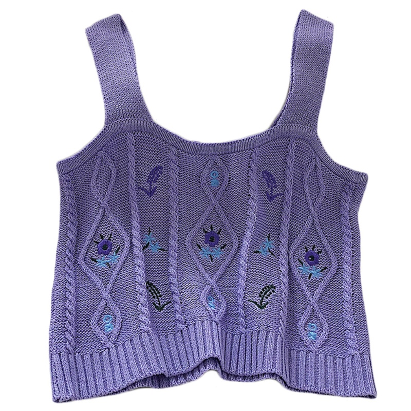 Áo Croptop Dệt Kim Không Tay Thêu Hoa Màu Sắc Ngọt Ngào Phong Cách Hàn Quốc Cho Nữ
