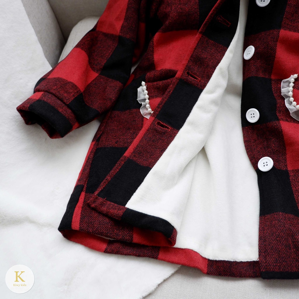 Áo khoác bé gái lót lông Kiwy Kids chất dạ kẻ cổ áo viền ngọc sang chảnh Kids2153 cho bé từ 5 đến 11 tuổi